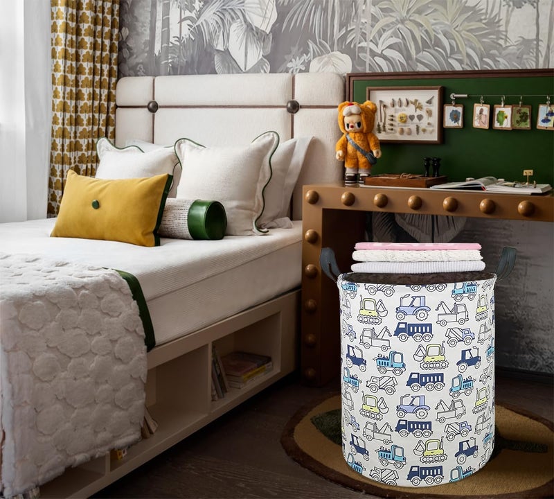 ACMUUNI 19.7 Inch Round Laundry Clothes Hamper Laundry Basket with Handles,Storage Organizer Bins Laundry Gift Basket for Room, Bedroom Decor (Engineering vehicle) - Image 2